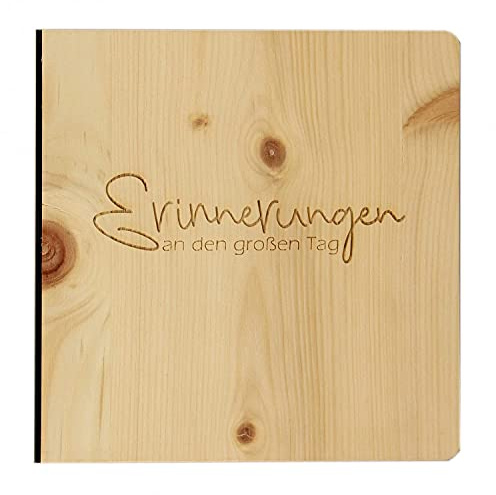 Wooden Guest Book with Engraved Lettering Erinnerungen an den große Tag, Photo Album and Family Book for Various Occasions Such as Wedding, Birth and Birthday, Entry Book with Elegant Pine Cover
