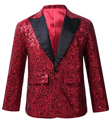 TiaoBug Enfant Garçon Paillette Veste de Costume d'honneur Mariage Cérémonie Soirée Manteau Blouse Gentleman Smoking Blazer Brillant Chemise Fête Carnaval 5-16 Ans Bordeaux 11-12 Ans