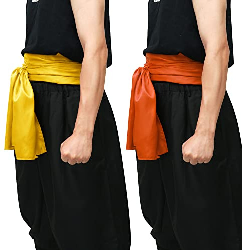 C-ZOFEK Karate Sash Kung Fu Suit Satin Waist Belt 2 PCS 126”*13” for Pirate Cosplay Anime Halloween Accessories, Yellow+org, 126*13