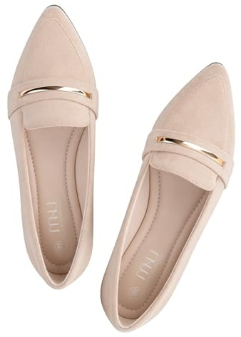 MUSSHOE Loafers for Women Pointed Toe: Dressy Gold Bit Flats, Suede BusinessCasual Slip On Shoes for Office Work,Interview & Teacher,Nude 8