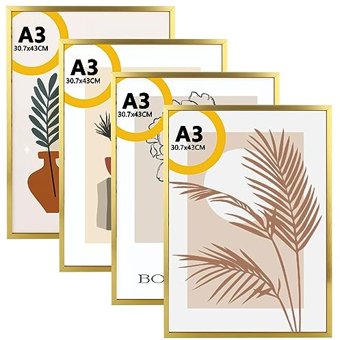 JMIATRY A3 Photo Frame Set of 4, Aluminum A3 Picture Frames with Perspex Front, Wall Mount Gold Frame for Photo Picture Certificate Wall Decor, 30.7x43cm