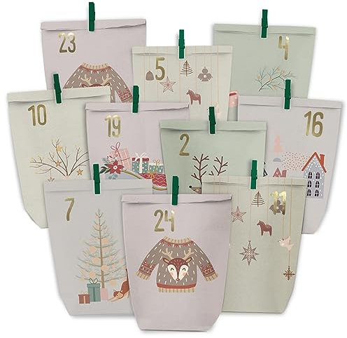 PANSIBY Adventskalender zum Befüllen, 24 Weihnachtskalender Papiertüten zum Selbstbefüllen, Geschenk Kraftpapiertüten Advents Tüten Selber Befüllen für Kinder Erwachsene