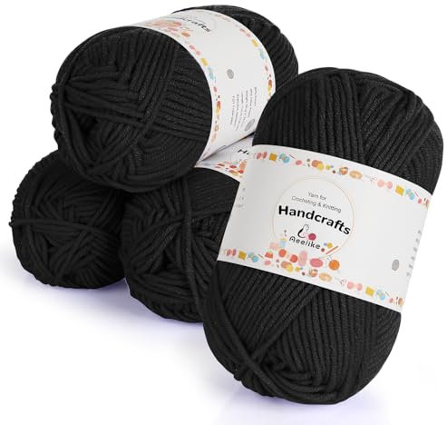Aeelike 5Ply Baumwolle zum Häkeln, 200g(4x50g) Ultraweiche Handstrickgarne Häkeln von Socken, Schals, Puppen, Schwarze