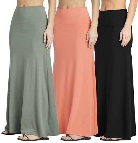 Real Essentials 3 Pack: Women's Ultra-Soft Flowy Maxi High Waisted Long Skirts (Available in Plus Size)