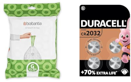 Brabantia Bin Liners, Size G, 23-30 L - 40 Bags,White,375668 & DURACELL 2032 Lithium Coin Batteries 3V (4 Pack) - Up to 70% Extra Life - Baby Secure Technology