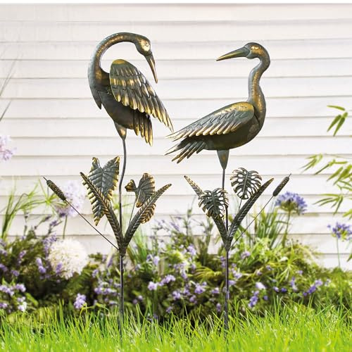 Verdigris Crane Garden Statues - Stake into Lawn Flower Beds Pond Set of 2