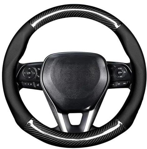 Autsop Coprivolante Auto Universale Nero Nappa Traforati Pelle Copertura Del Volante in Fibra Di Carbonio Diametro 14.5-15 pollici (37-39 cm) Accessori Auto Interno