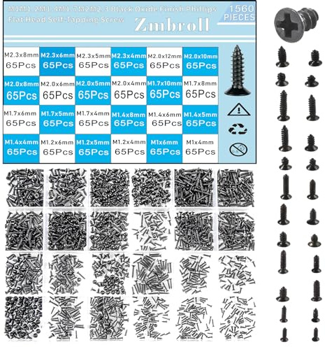 Zmbroll 1560Pcs Black Flat Head Self Tapping Screws M1/1.2/1.4/1.7/2/2.3 Mini Cross Drive Countersunk Tiny Screw Woodworking Small Fastener Screws 24 Size Assortment Kit for Electronic DIY