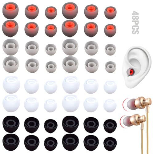 48 Piezas de Tapones para los Oídos de Repuesto de Silicona, Almohadillas para Auriculares, Compatibles con la Mayoría de los Auriculares Internos, 4 Colores, 3 Tamaños (11/12/13 mm)