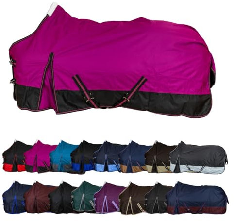 RL24 - Weidedecke 600D Basicline – als Regendecke & Übergangsdecke – Wind- & wasserdichte Outdoordecke mit Innenfutter & Kreuzbegurtung – Pferdedecke in Beere/Schwarz – 145cm (Nylonfutter)