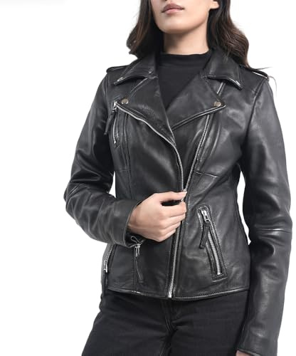 STREGA Leather Jacket Women Lambskin Leather Motorcycle Jacket-Real Leather Moto Jacket for Women (US, Alpha, Large, Regular, Regular, Black)