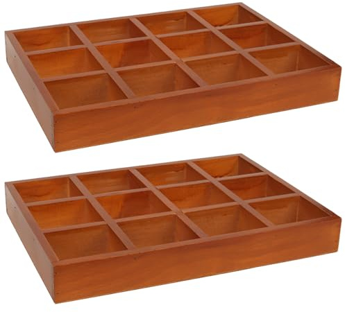 2 Pack Wooden Jewelry Drawer Organizer Trays - 12 Grid Low Profile Divider Inserts for Earrings, Rings, Bracelets & Bangles - 13.2 x 9.3 Wood Display Storage Box Fits Vanity Dresser Drawers
