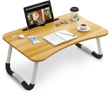 Wintem - Tavolino da Letto Pieghevole Bianco 60x40 cm con Porta Bicchiere e Supporto Tablet | Tavolino Salvaspazio da Colazione, Studio o Relax in Casa