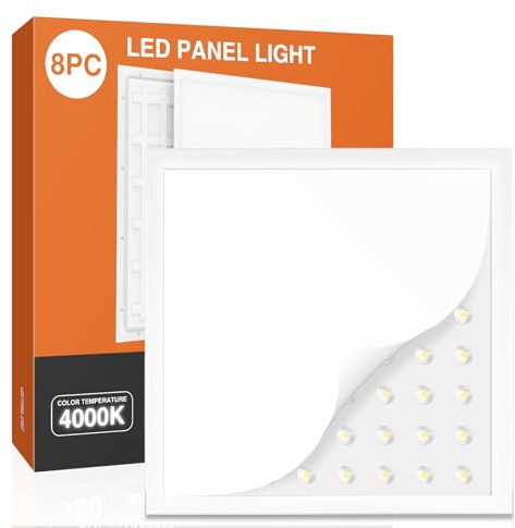 KOSOOM LED-panel, 60 × 60 cm, rasterlampa, 40 W, 4 000 K, neutral vit, 4 000 lm, ljusplatta med 64 LED-lampor, 110° strålvinkel, LED-taklampa för kontor, kök och butiker (PLB0302-8 stycken)