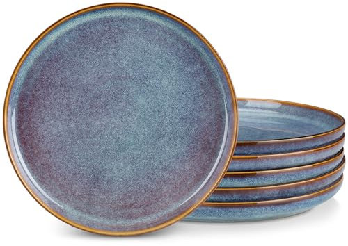 vancasso PLAYA Set de 6 Platos Llanos, Platos de Ensalada de 26 cm, Platos de Desayuno de Gres, Juego de Platos de Cena para Cocina, Apto para Lavavajillas y Microondas, Esmalte Reactivo Gris Azul