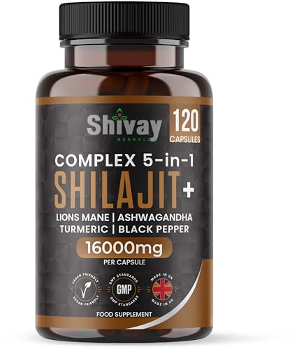 Shilajit 16000mg Complex 5 in 1 with Ashwagandha + Lions Mane | 120 Vegan Capsules - 4 Month Supply | High Strength Pure Himalayan Shilajit | Rich in Fulvic Acid | Made in UK by Shivay Herbals