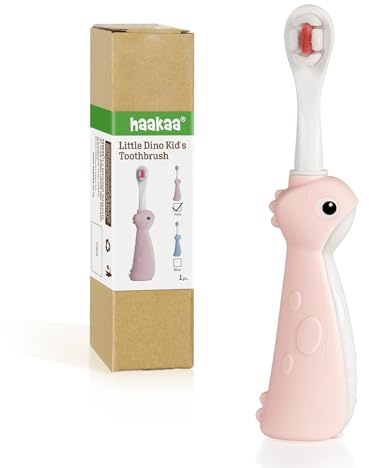 haakaa Dinosaur Toothbrush for Kids 2-4 – Soft Bristles Baby Toothbrush for Toddlers with Silicone Handle, Non-Slip Grip & Tongue Cleaner, BPA Free - Pink, 1 Count