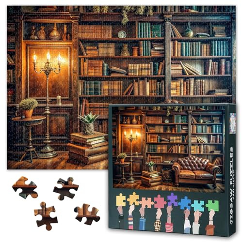 Vintage Bibliothèque Puzzles pour Adultes - Puzzles 1000 Pièces Adultes, 70x50cm Bibliothèque et Livres Art Difficile et Défi Jeu de Puzzle pour Salon Décoration Murale