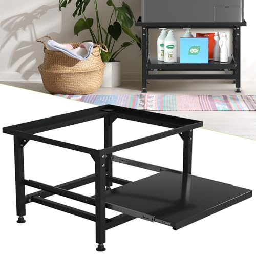 Herrselsam Waschmaschinen Untergestell mit Ausziehbarem Regal, 42cm Höhe, Höhenverstellbare Füße & Geräuschdämpfung, Waschmaschinen Sockel mit 3 stufiger Auszugsschublade, 150kg Belastbarkeit, Schwarz