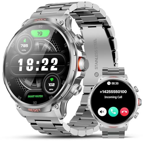 WalkerFit Smartwatch Uomo Militare 1,85, Batteria 710mAh, Orologio Smart con Chiamate & Monitoraggio Sonno, 100+ Modalità Sport, Orologio Fitness Impermeabile per Android iOS (Argento)