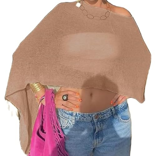 Y2K Sheer Knit Poncho Tops for Women Lightweight Summer Beach Shrug Shawl Bolero Off Shoulder Mesh Sweater Cover Up (Light brown, ONE SIZE)