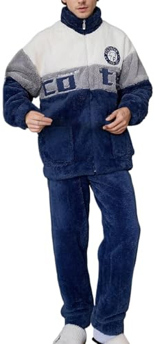 Conjunto de pijama para hombre largo de forro polar coral, pijama de invierno cálido y grueso, ropa de estar por casa, parte superior con cuello alto y cremallera y pantalones de forro polar, ropa de