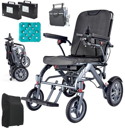 WEYRAL Sedia a rotelle elettrica a doppia batteria Pieghevole Leggera, 48KM Sedia a rotelle elettrica con pneumatici in gomma per tutti i terreni, illuminazione anteriore e posteriore, omologazione