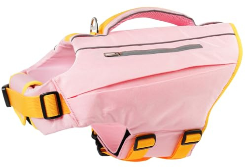 Kuoser Hundflytväst Ripstop Life Saftig väst med handtag stöd flyta rosa L | Hund, ripstop-flytväst med lyfthandtag, justerbar flytassistent, livsjacka för små medelstora hundar som simmar och båtliv