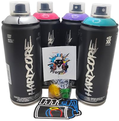 Montana Colors Hardcore Peinture en aérosol professionnelle, lot de 4 canettes de 400 ml, couleurs argent, turquoise, violet, fuchsia, avec 3 buses de rechange + 1 autocollant MTN