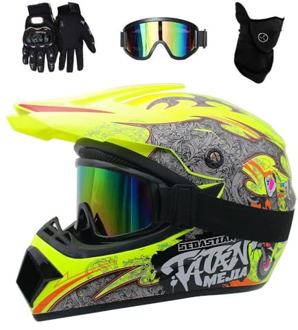 Kids Motocross Helmet Set, Youth Unisex Full Face MTB Off Road ATV Motorbike Helmet, Downhill BMX Enduro Quad Dirt Bike Crash Helmet, with Goggles Gloves Mask(Yellow,L/56-57CM)