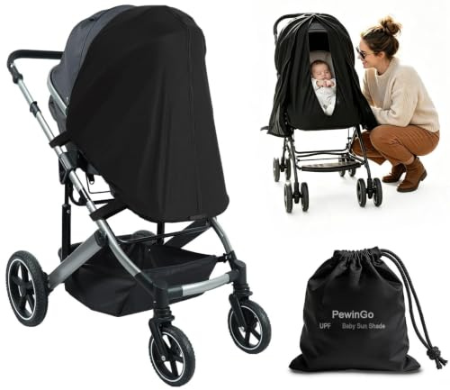 PewinGo Universal Stroller Sun Shade Cover Blocks 97% UV Rays | Zipper Design, Breathable Double Layer, Insect & Wind Protection for Pram, Pushchair, Buggy & Travel Stroller