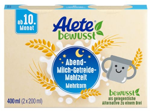 Alete bewusst Abend-Milch-Getreide-Mahlzeit Mehrkorn, ab dem 10. Monat, trinkfertige Babynahrung mit Vollkornhafer, Ersatz zu Babybrei, warm oder kalt trinken, 400 ml (2 x 200 ml) (Packung mit 6)