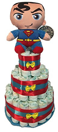 Gâteau à couches Superman (taille 3 (4-9 kg)) (taille 2 (3-6 kg)) by MomentosGourmet Ajoutez votre dédicace personnalisée. Cadeau pour bébé très pratique. Panier pour bébé nouveau-né.