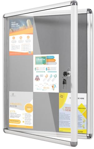 MAKELLO Tamperproof Lockable Notice Board 980x720mm, Grey Display Pinboard | 9xA4, Lockable, Aluminum Frame, Shatter Resistant, Wall-mounted, Felt Notice Board for Office, School, Home, Community Centre