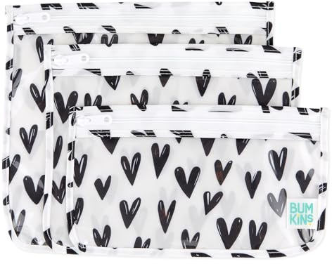 Bumkins Travel Bag, Toiletry, TSA Approved Pouch, Zip Bag, Quart Size Airline Compliant, Clear-Sided, Baby, Diaper Bag Organization, Makeup, Accessories, Packing, Set of 3 Sizes, Black Hearts