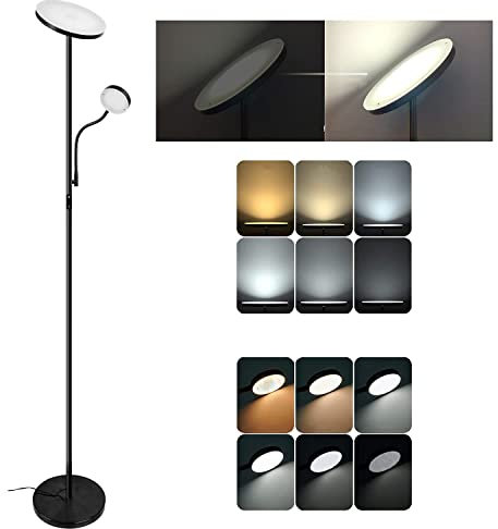 Osasy Led deckenfluter Stehleuchte Stehlampe Led wohnzimmer dimmbar,Haupt Lampe 20W 1800 Lumen,Seite leseleuchte 4W 280Lumen, Farbtemperatursteuerung,metall,schwarz