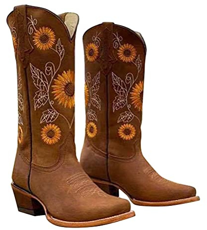 Onsoyours Bottes Rétro Femme Bottes de Motard Classique Bottines Broderie Fleurs Chaussure Boots Cowboy Western