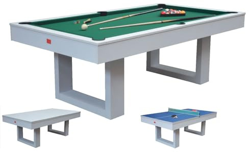 Biliardo Tavolo SENECA BIANCO 3 in 1 (226 cm) - Trasformabile in Tavolo da Pranzo, Biliardo e Ping Pong con Panno Verde e Design Moderno