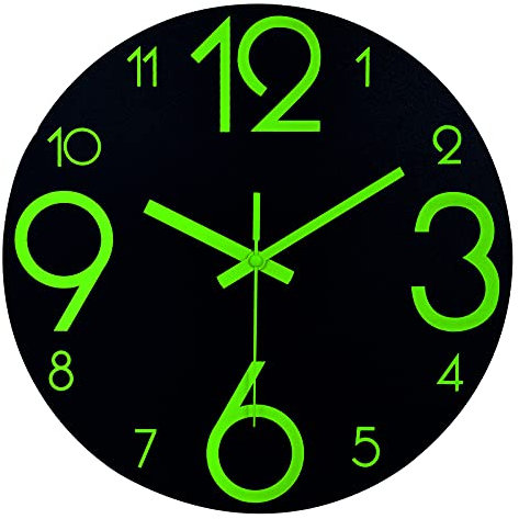 Plumeet Orologio da parete luminoso - 30cm orologio in legno silenzioso con luminescenza - Grande orologio da parete decorativa per la cucina, ufficio, camera da letto (Nera)