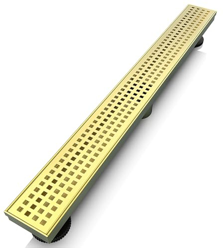 WEBANG 24 Inch Linear Shower Drain Rectangular Floor Drain with Accessories Square Hole Pattern Cover Grate Removable SUS304 Stainless Steel CUPC Certified Brushed Gold