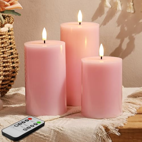 Eywamage rosa flamlösa LED-pelarljus med fjärrkontroll, flimrande batteri, vaxljus, set med 3 Φ 7,6 cm H 10,16 cm 12,7 cm 15,2 cm (5 tum)