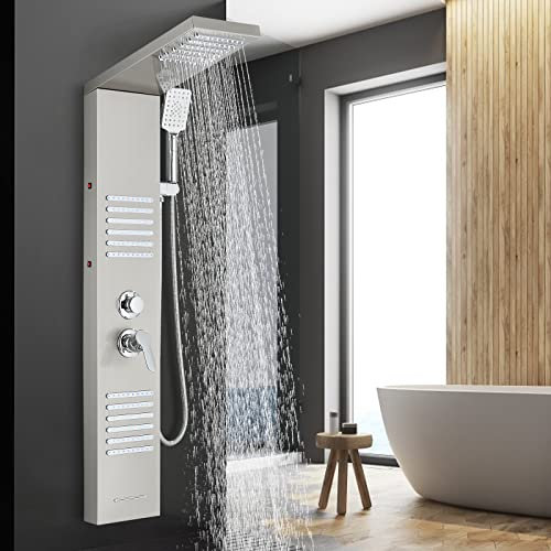 TVTIUO Colonna doccia idromassaggio,Set doccia 4 funzione con luci a LED, doccia a mano, sistema doccia per bagni, nichel lucidato(acciaio inossidabile)
