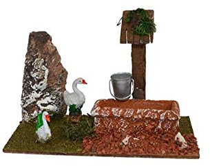 Generico Scenario ABBEVERATOIO con fontana completa di Animali fattoria da Cortile in Miniatura per Presepe 17 x 8 x h.10 cm Stalla in legno soggetti in Resina papere, conigli e pecore Presepio