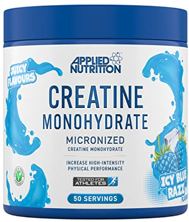 Applied Nutrition Creatine Monohydrate Powder 250g – 100% Micronized Creatine – 5g per Serving – Supports High-Intensity Performance – ICY Blue Razz – 50 Servings