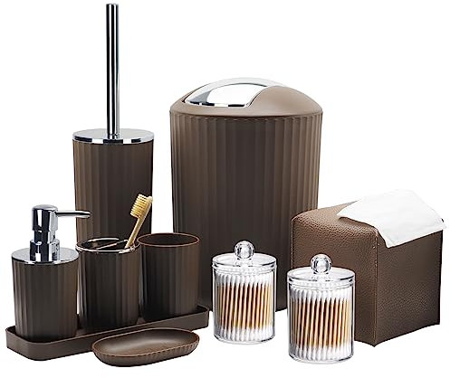 Set di accessori da bagno – Set di accessori da bagno marrone da 10 pezzi con cestino, portaspazzolino e tazza, dispenser per sapone, portasapone, portascopino WC, vassoio da toeletta, supporto Qtip