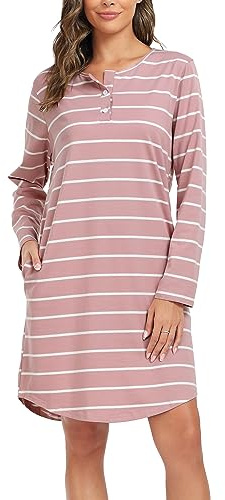 Lovasy Nachthemd Damen Baumwolle Langarm Schlafshirt Streifen Nachthemden für Damen mit Knopfleiste und Zwei Taschen,Rosa,XXL
