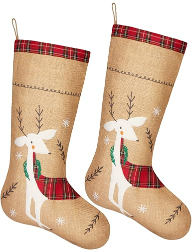 Brubaker 2X Calza di Natale da Riempire e Appendere - Calza di Babbo Natale Grande 52 cm in Juta - Calza Decorativa per Natale e San Nicola - Renna Festosa