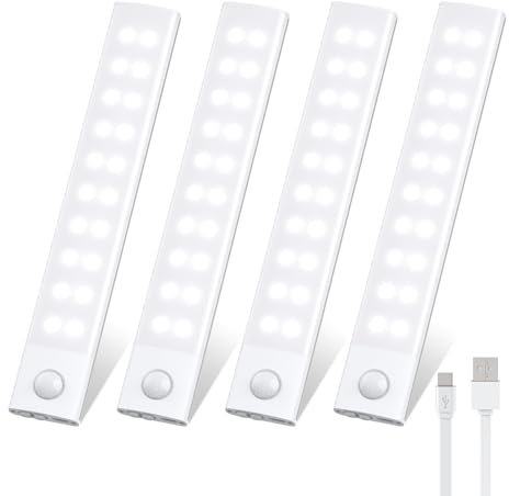 Unterbauleuchte Küche LED 4 Stück 20cm Schrankbeleuchtung 3 Farbtemperatur Unterschrank Beleuchtung Küche 40 LED Schranklicht mit Bewegungsmelder für Kleiderschrank Schrank Küche Treppen