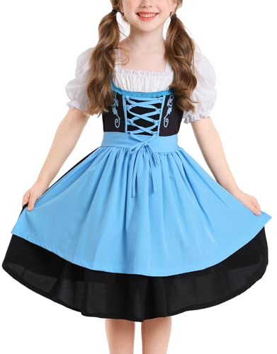 OBEEII Juego de 2 vestidos tiroleses para niñas con blusa y delantal bávaro, Oktoberfest, azul, 2-4 años
