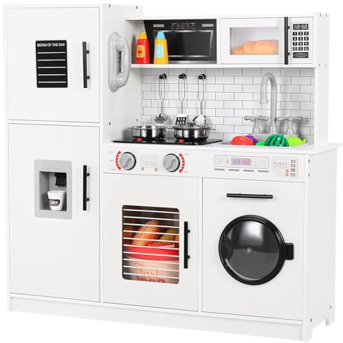 MAMIZO Cuisine en Bois Enfant, Cuisine Enfant, avec Effets Lumineux et Sonores Simulés, avec Lave-Linge, Cuisine Jouet pour Enfants à Partir de 3 Ans, 82x80x25 cm, Blanc